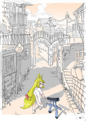 Rule 34 | 1girl, animal ears, arrow (projectile), balcony, bare tree, blonde hair, bow, bridge, building, commentary, doitsuken, fence, fox child (doitsuken), fox ears, fox tail, hair bow, highres, house, long hair, original, outdoors, pink bow, plant, potted plant, sandals, satellite dish, scenery, sign, sky, solo, spot color, stairs, tail, tree, tunnel, white legwear