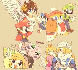 Rule 34 | 3girls, 6+boys, angry, blonde hair, blue eyes, brown hair, coffee, coffee mug, creatures (company), crown, cup, dress, expressionless, facial hair, fox mccloud, game freak, gen 1 pokemon, gloves, grin, hair over one eye, hammer, hat, highres, jigglypuff, kid icarus, king dedede, kirby (series), link, looking at viewer, luigi, mario, mario (series), mother (game), mother 2, mug, multiple boys, multiple girls, mustache, ness (mother 2), nintendo, overalls, pink dress, pit (kid icarus), pokemon, princess peach, red eyes, serious, sheik, smile, star fox, super mario bros. 1, the legend of zelda, the legend of zelda: ocarina of time, the legend of zelda: the wind waker, tokuura, toon link, v, wings, wolf o&#039;donnell