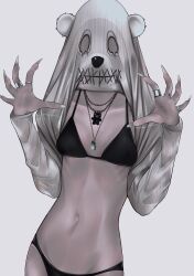 Rule 34 | 1girl, absurdres, bikini, black bikini, breasts, claw pose, clothes lift, fake nails, fingernails, grey background, highres, jewelry, long fingernails, mano aaa, multiple rings, navel, necklace, original, ring, shirt lift, small breasts, solo, swimsuit