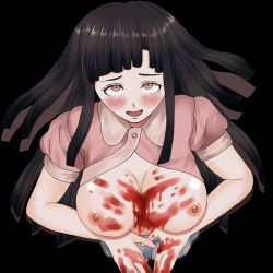 Rule 34 | 1girl, black background, black hair, blood, blood on breasts, blood on hands, blue skirt, blush, breasts, breasts out, cleavage, collar, collared shirt, danganronpa (series), danganronpa 2: goodbye despair, female focus, highres, looking at viewer, medium breasts, multicolored clothes, multicolored shirt, nipples, open mouth, partially unbuttoned, pink shirt, pleated skirt, red eyes, shirt, short-sleeved shirt, short sleeves, simple background, skirt, solo, tongue, tsumiki mikan, unbuttoned, unbuttoned shirt, upper body, white collar