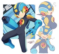 Rule 34 | 1boy, ^ ^, arm cannon, black hair, blue gloves, blush, bodysuit, closed eyes, cropped legs, cropped torso, dated, finger to cheek, gloves, green eyes, helmet, iroyopon, laughing, looking to the side, mega man (series), mega man battle network, mega man battle network (series), megaman.exe, multiple views, skin tight, weapon