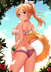 Rule 34 | 10s, 1girl, ass, ayase eli, back, bandeau, bangle, bare shoulders, beach, bikini, blonde hair, blue eyes, bow, bracelet, breasts, butt crack, closed mouth, day, earrings, female focus, flower, hair bow, innertube, jewelry, large breasts, light rays, long hair, looking at viewer, looking back, love live!, love live! school idol festival, love live! school idol project, mmrailgun, o-ring, o-ring top, ocean, panties, ponytail, sideboob, skindentation, skirt, sky, smile, solo, striped clothes, striped panties, sunbeam, sunlight, swim ring, swimsuit, underwear