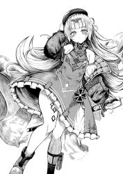 Rule 34 | 1girl, absurdres, azur lane, bare shoulders, blunt bangs, closed mouth, dress, frilled dress, frills, greyscale, haruyukiko, hat, highres, holding, holding sword, holding weapon, jacket, long hair, long sleeves, looking at viewer, monochrome, off shoulder, open clothes, open jacket, puffy long sleeves, puffy sleeves, sheath, sheathed, simple background, sleeveless, sleeveless dress, solo, sword, very long hair, weapon, white background, z46 (azur lane)