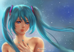 Rule 34 | 1girl, archie-the-redcat, blue eyes, blue hair, blue nails, collarbone, female focus, hair ornament, hand on own chest, hatsune miku, lips, long hair, looking at viewer, matching hair/eyes, nail polish, parted lips, patreon, patreon username, signature, solo, topless, topless frame, twintails, upper body, vocaloid, watermark, web address