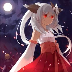 Rule 34 | 2girls, animal ears, blonde hair, bow, detached sleeves, full moon, gradient background, hiragi rin, japanese clothes, long hair, mask, miko, moon, multiple girls, night, red eyes, solo focus, white hair