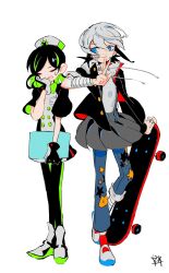 2girls ankle_socks aozukikawasemi aqua_eyes asymmetrical_legwear asymmetrical_sleeves bandage_on_cheek bandaged_arm bandaged_leg bandages black_dress black_footwear black_gloves black_hair black_jacket black_leggings black_sleeves blue_pants breasts buttons character_request clipboard closed_eyes collar collared_dress collared_shirt colored_inner_hair colored_shoe_soles commentary_request concept_art contrast_collar double-breasted drawstring dress eyelashes eyeshadow full_body gloves green_collar green_eyes green_hair green_hat green_leggings grey_outline grey_skirt hat high_collar highres holding holding_clipboard holding_skateboard jacket jewelry leggings logo_print long_sleeves looking_at_another looking_at_viewer makeup medium_breasts miniskirt multicolored_hair multicolored_hat multiple_girls name_tag neko_reset_(zutomayo) nira-chan nira-chan_(nurse)_(neko_reset)_(zutomayo) nurse nurse_cap official_art open_clothes open_jacket outline pants parted_bangs pleated_skirt print_hat print_pants production_art red_eyeshadow red_socks ring shirt shoes short_hair side-by-side side_slit sidelocks simple_background skateboard skirt smile socks standing standing_on_one_leg star_(symbol) star_print suspender_skirt suspenders sweatdrop swept_bangs two-sided_fabric two-sided_footwear two-sided_jacket two-sided_sleeves two-tone_dress two-tone_footwear two-tone_gloves two-tone_hair two-tone_leggings uneven_legwear v wheel white_background white_collar white_dress white_footwear white_gloves white_hat white_shirt wing_collar zutto_mayonaka_de_ii_no_ni