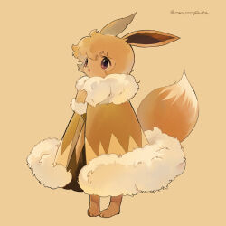 Rule 34 | :d, androgynous, animal ears, animal feet, animal hands, brown background, brown cloak, brown fur, brown hair, brown theme, cloak, creatures (company), eevee, full body, fur-trimmed cloak, fur trim, furrification, furry, game freak, gen 1 pokemon, hand up, highres, looking ahead, myu (3u gumi), nintendo, open mouth, personification, pigeon-toed, pokemon, red eyes, short hair, smile, snout, solo, standing, tail, twitter username