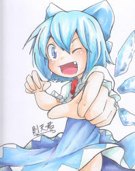 Rule 34 | 1girl, absurdres, blue eyes, blue hair, blush, cirno, highres, ice, ice wings, matching hair/eyes, one eye closed, open mouth, short hair, smile, sokutenkun, solo, touhou, traditional media, wings