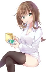 Rule 34 | 1girl, ashino, black thighhighs, blush, breasts, brown hair, cellphone, crossed bangs, crossed legs, cup, dress shirt, green eyes, hair between eyes, highres, holding, holding cup, holding phone, long hair, long sleeves, looking at viewer, medium breasts, mouth hold, mug, original, phone, shirt, simple background, sitting, smartphone, solo, thermometer, thighhighs, thighs, toothbrush, white background, white shirt