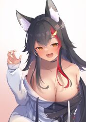 Rule 34 | 1girl, :d, absurdres, animal ear fluff, animal ears, bare shoulders, black hair, blush, breasts, claw pose, cleavage, collarbone, fang, gradient background, hair ornament, hairclip, highres, hololive, hood, hoodie, large breasts, long hair, multicolored hair, off shoulder, oimo imoya, ookami mio, ookami mio (casual), open mouth, orange eyes, saliva, simple background, skin fang, sleeves past wrists, smile, solo, streaked hair, very long hair, virtual youtuber, wolf ears, wolf girl