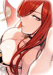 Rule 34 | 1girl, bikini, breasts, cape, chain, choker, cleavage, collarbone, evan yang, fate/grand order, fate (series), hair over one eye, highres, large breasts, long hair, looking at viewer, oda nobunaga (fate), oda nobunaga (koha-ace), oda nobunaga (maou avenger) (fate), parted lips, red cape, red eyes, red hair, selfie, simple background, smile, solo, swimsuit, very long hair, white background