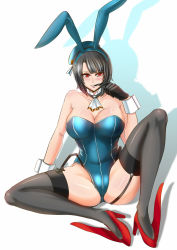 Rule 34 | 10s, 1girl, animal ears, beret, black hair, detached collar, fake animal ears, garter straps, gloves, hat, highres, kantai collection, kashiru, knees apart feet together, playboy bunny, rabbit ears, red eyes, short hair, solo, takao (kancolle), thighhighs, wrist cuffs