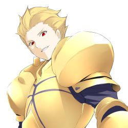 Rule 34 | 1boy, armor, bebebe (pepegakii), blonde hair, fate/stay night, fate (series), gilgamesh (fate), grin, highres, looking at viewer, male focus, parted lips, red eyes, shoulder armor, simple background, smile, solo, spiked hair, teeth, upper body, white background