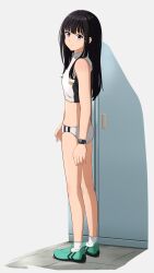 Rule 34 | 1girl, absurdres, ankle socks, black hair, commentary request, crop top, from side, full body, green footwear, highres, inoue takina, long hair, looking at viewer, looking to the side, lycoris recoil, purple eyes, shoes, simple background, socks, solo, sports bra, sportswear, standing, tbear, watch, white background, white socks, white sports bra, wristwatch