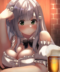 Rule 34 | 1girl, alcohol, bare shoulders, beer, beer mug, blush, breasts, cup, dirndl, embarrassed, flower, german clothes, green eyes, hair flower, hair ornament, hair ribbon, highres, hololive, large breasts, long hair, looking at viewer, mug, official alternate costume, puffy short sleeves, puffy sleeves, ribbon, shirogane noel, shirogane noel (dirndl), short sleeves, silver hair, solo, tavern, upper body, virtual youtuber, zetto (zet5425)