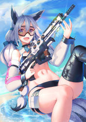 Rule 34 | 1girl, :d, animal ears, bikini, black bikini, black thighhighs, blue sky, breasts, day, detached sleeves, feet out of frame, fox ears, fox girl, fox tail, goggles, green eyes, gun, hair between eyes, highres, holding, holding gun, holding weapon, hololive, large breasts, long hair, long sleeves, navel, open mouth, outdoors, rotix, shirakami fubuki, silver hair, single thighhigh, sky, smile, solo, stomach, swimsuit, tail, thigh strap, thighhighs, twintails, very long hair, virtual youtuber, weapon