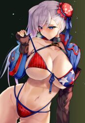 Rule 34 | 1girl, american flag bikini, asymmetrical gloves, bikini, blue eyes, blush, breasts, brown gloves, bun cover, cleavage, closed mouth, collarbone, commentary request, elbow gloves, fate/grand order, fate (series), flag print, gloves, gluteal fold, grey hair, hair bun, hair ornament, highres, large breasts, long sleeves, looking at viewer, miyamoto musashi (fate), miyamoto musashi (fate/grand order), miyamoto musashi (swimsuit berserker) (fate), miyamoto musashi (swimsuit berserker) (second ascension) (fate), navel, satou daiji, sideboob, simple background, single bare shoulder, single hair bun, skindentation, solo, stomach, strap pull, swimsuit, underboob, uneven gloves