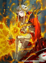 Rule 34 | 1girl, armor, aymr (fire emblem), cape, double bun, edelgard von hresvelg, fake horns, feathers, fire emblem, fire emblem: three houses, fire emblem cipher, glowing, glowing weapon, greaves, heroes relic (fire emblem), horned headwear, horns, kita senri, kneeling, nintendo, official art, purple eyes, red cape, silver hair, smile, solo, weapon