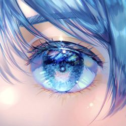 Rule 34 | 1girl, blue eyes, blue hair, blue sclera, close-up, colored eyelashes, colored sclera, commentary request, eye focus, eye reflection, hair between eyes, hatsune miku, highres, light blush, looking at viewer, pinapo 25, reflection, solo, vocaloid