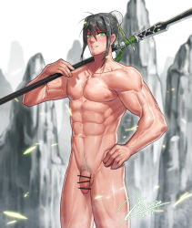 Rule 34 | 1boy, abs, bar censor, bara, black hair, blush, bun cover, censored, completely nude, facial hair, fate/grand order, fate (series), flaccid, genderswap, genderswap (ftm), green eyes, hand on own hip, holding, holding lance, holding polearm, holding weapon, jin (sirius-j), lance, large pectorals, looking at viewer, male focus, male pubic hair, medium hair, muscular, muscular male, navel, navel hair, nipples, nude, over shoulder, pectorals, penis, polearm, pubic hair, qin liangyu (fate), sidelocks, solo, stubble, thick thighs, thighs, weapon, weapon over shoulder