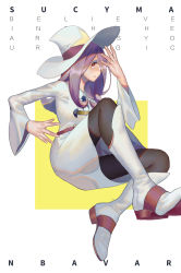 Rule 34 | 10s, 1girl, absurdres, boots, character name, closed mouth, eur, hat, highres, knee boots, little witch academia, long hair, long sleeves, looking at viewer, purple hair, red eyes, solo, sucy manbavaran, white footwear, white hat, witch hat