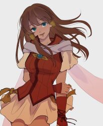 Rule 34 | 1girl, arm behind back, blue eyes, blush, brown hair, chikefu, cowboy shot, fire emblem, fire emblem: radiant dawn, gloves, grabbing own arm, hair tubes, highres, long hair, looking at viewer, mist (fire emblem), nintendo, open mouth, scarf, short sleeves, simple background, skirt, smile, solo, vest, white background, white scarf