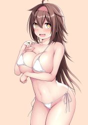 Rule 34 | 1girl, ahoge, bare arms, bare legs, bare shoulders, bikini, blush, breasts, brown eyes, brown hair, cleavage, collarbone, cowboy shot, groin, hair between eyes, hair flaps, hairband, highres, kantai collection, kuromayu, large breasts, long hair, navel, open mouth, orange background, red hairband, shiratsuyu (kancolle), shiratsuyu kai ni (kancolle), simple background, smile, solo, swimsuit, white bikini