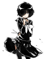 Rule 34 | 1girl, arm behind back, black hair, hair over one eye, holding, minato fumi, nazo no kanojo x, school uniform, scissors, simple background, solo, thighhighs, urabe mikoto, white background