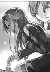 Rule 34 | 1boy, 1girl, blue rose sword, bunbun, crying, crying with eyes open, eugeo, floating hair, greyscale, grin, hair intakes, hair over shoulder, highres, leaning forward, long hair, long sleeves, miniskirt, monochrome, novel illustration, official art, parted lips, sitting, skirt, smile, sword art online, tears, tiese schtrinen