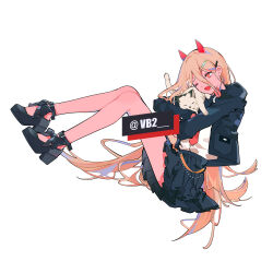 Rule 34 | 1girl, ;d, absurdres, animal, bare legs, black footwear, black jacket, black skirt, blonde hair, cat, chainsaw man, collared shirt, cross-shaped pupils, demon horns, fang, full body, hair between eyes, hair ornament, hairclip, highres, holding, holding animal, holding cat, horns, invisible chair, jacket, legs, long hair, looking at viewer, meowy (chainsaw man), necktie, null024, one eye closed, open mouth, pleated skirt, power (chainsaw man), red horns, shirt, shoes, simple background, sitting, skirt, smile, solo, symbol-shaped pupils, teeth, twitter username, very long hair, white background, white shirt
