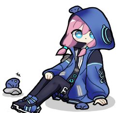 Rule 34 | 1girl, animal, animal on head, arknights, banbon, black pantyhose, black shirt, black shorts, blue eyes, blue jacket, blue poison (arknights), chibi, commentary request, frog, from side, hood, hood up, hooded jacket, jacket, knees up, korean commentary, legs together, pantyhose under shorts, long sleeves, looking at viewer, looking to the side, on head, out of frame, pantyhose, pink hair, shirt, short shorts, shorts, sitting, white background