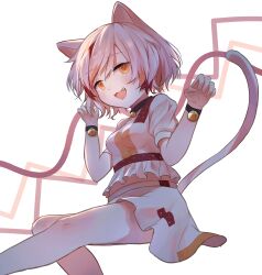 Rule 34 | 1girl, animal ears, ar (maeus), bell, blush, cat ears, cat tail, crop top, fang, feet out of frame, goutokuji mike, highres, jingle bell, multicolored hair, open mouth, orange eyes, patch, shirt, short hair, short sleeves, skirt, smile, solo, streaked hair, tail, touhou, white hair, white shirt, white skirt