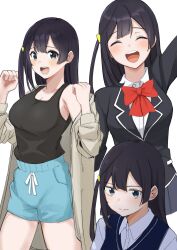 Rule 34 | 1girl, arm up, armpit crease, black hair, black jacket, black shirt, black vest, blazer, blue shorts, blush, bow, bowtie, breasts, brown jacket, cleavage, clenched hands, closed eyes, closed mouth, collarbone, collared shirt, facing viewer, grey eyes, hair between eyes, hands up, highres, jacket, long hair, long sleeves, looking at viewer, love live!, love live! nijigasaki high school idol club, medium breasts, multiple views, one side up, open clothes, open jacket, open mouth, red bow, red bowtie, school uniform, shirt, shorts, sidelocks, sleeveless, sleeveless shirt, swept bangs, tatsumi432, upper body, vest, white background, white shirt, yuki setsuna (love live!)