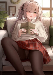 Rule 34 | 1girl, :d, black ribbon, blush, book, brown eyes, brown hair, brown pantyhose, couch, hair ornament, hair ribbon, hairclip, highres, holding, holding book, indoors, long hair, long sleeves, looking at viewer, monaka curl, open mouth, original, panties, panties under pantyhose, pantyhose, pillow, plaid, plaid skirt, red skirt, ribbon, shirt, sitting, skirt, smile, solo, thighs, twintails, underwear, white shirt