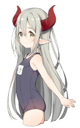 Rule 34 | 1girl, bare arms, bare shoulders, black one-piece swimsuit, blush, breasts, brown eyes, closed mouth, cowboy shot, cropped legs, curled horns, demon horns, emma august, grey hair, hair between eyes, horns, long hair, looking away, looking to the side, meito (maze), name tag, nijisanji, one-piece swimsuit, pointy ears, school swimsuit, simple background, small breasts, solo, swimsuit, very long hair, virtual youtuber, white background