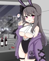 Rule 34 | 1girl, :p, animal ears, arm at side, azur lane, bare shoulders, black hairband, black leotard, blush, bottle, bow, breasts, brown hair, choker, cityscape, clothing cutout, condom, condom box, condom wrapper, couch, covered navel, cowboy shot, cup, cushion, cutout above navel, dot nose, drinking glass, eyes visible through hair, fake animal ears, fellatio gesture, frilled leotard, frills, groin, hair bow, hair flaps, hair ornament, hair over shoulder, hairband, hairclip, hand up, heart, highleg, highleg leotard, highres, indoors, jacket, jacket partially removed, large breasts, leotard, light purple hair, light smile, long hair, long sleeves, looking at viewer, looking to the side, multicolored hair, navel, night, off shoulder, oha (oha h22), open clothes, open jacket, pamiat merkuria (azur lane), parted bangs, pink eyes, playboy bunny, puffy long sleeves, puffy sleeves, purple eyes, purple jacket, rabbit ears, raised eyebrows, sidelocks, sideways glance, skindentation, solo, speech bubble, spoken heart, standing, streaked hair, swept bangs, table, thigh strap, tongue, tongue out, tsurime, two-tone hair, underboob, underboob cutout, window, wine bottle, wine glass