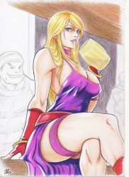 Rule 34 | 1girl, alcohol, arm support, beer, blonde hair, breasts, bursting breasts, cleavage, crossed legs, dress, fatal fury, fingerless gloves, garou: mark of the wolves, gloves, green eyes, highres, jenet behrn, large breasts, legs, lipstick, looking at viewer, makeup, parted lips, pink lips, sideboob, sitting, smile, snk, thick thighs, thighs, traditional media