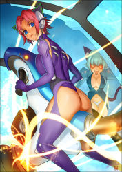 Rule 34 | 2girls, aqua hair, ariverkao, ass, blue eyes, breast press, breasts, cleavage, large breasts, looking back, multiple girls, open mouth, original, pink hair, red hair, skin tight, tail, thighhighs