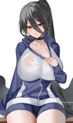 Rule 34 | 1girl, black choker, black hair, blue archive, blue jacket, blue shorts, blush, breasts, choker, cleavage, collarbone, cowboy shot, hair between eyes, hasumi (blue archive), hasumi (track) (blue archive), highres, hwansang jungdog, jacket, large breasts, long hair, long sleeves, looking at viewer, low wings, official alternate costume, parted lips, ponytail, red eyes, shirt, shorts, solo, sweat, thighs, white background, white shirt, wings