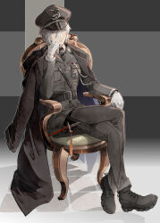Rule 34 | 1boy, aiguillette, armchair, belt, belt buckle, black background, black belt, black coat, black footwear, black hat, black jacket, black necktie, black pants, breast pocket, buckle, chair, closed mouth, coat, coat on shoulders, collared shirt, crossed legs, dagger, dezhou chicken (the tale of food), elbow rest, expressionless, full body, gloves, gradient background, grey background, grey hair, hair between eyes, hat, head rest, highres, holster, jacket, knife, long sleeves, looking at viewer, male focus, mare makomo, necktie, pants, peaked cap, pocket, sam browne belt, sheath, sheathed, shirt, shoes, short hair, sideways glance, sitting, solo, the tale of food, thigh holster, weapon, white gloves, white shirt, yellow eyes
