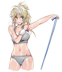 Rule 34 | 1girl, bare arms, bare shoulders, blonde hair, breasts, collarbone, commentary request, cowboy shot, gluteal fold, grey eyes, highres, large breasts, long hair, matsuda (matsukichi), midriff, navel, open mouth, original, ponytail, simple background, solo, sports bra, standing, stomach, sweat, sweatband, thighs, v-shaped eyebrows, white background