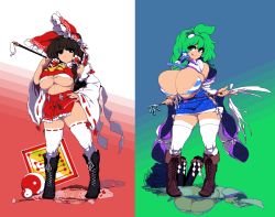 Rule 34 | 2girls, :q, areola slip, ascot, bikini, bikini top only, black footwear, blue skirt, boots, bow, bra, breasts, brown footwear, bursting breasts, closed mouth, cross-laced footwear, detached sleeves, frog hair ornament, front-tie bikini top, front-tie top, full body, gohei, gradient background, green background, green eyes, hair bow, hair ornament, hair tubes, hakurei reimu, huge breasts, kochiya sanae, lace-up boots, large breasts, long hair, long sleeves, looking at viewer, medium hair, multicolored background, multiple girls, namako daibakuhatsu, nontraditional miko, onbashira, orb, panties, red background, red bow, red eyes, red shirt, red skirt, reflection, ribbon-trimmed legwear, ribbon-trimmed sleeves, ribbon trim, shide, shirt, skirt, smile, snake hair ornament, standing, striped bikini, striped bra, striped clothes, swimsuit, thighhighs, tongue, tongue out, touhou, underboob, underwear, white background, white legwear, white panties, wide sleeves, yellow ascot, yin yang, yin yang orb