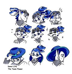 Rule 34 | 1boy, ^^^, anger vein, blue eyes, blue hair, character name, character sheet, donut (zoza), doughnut, expressions, fangs, flower, flying sweatdrops, food, goggles, goggles on head, hair slicked back, hand on headwear, hat, hat flower, highres, inkling, inkling boy, inkling player character, male focus, mouth hold, multiple views, nintendo, open mouth, partially colored, plant, pointy ears, portrait, scrunchie, short hair, smile, splatoon (series), splatoon 1, sweatdrop, tentacle hair, topknot, white background, zoza