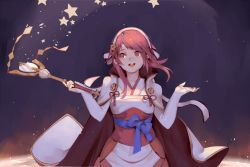 Rule 34 | 1girl, cape, cottan, dress, fire emblem, fire emblem fates, fire emblem heroes, gloves, hairband, looking away, nintendo, open mouth, pink hair, priest, red eyes, red hair, sakura (fire emblem), short hair, smile, solo, staff, upper body, white dress, white gloves