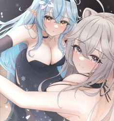 2girls absurdres ahoge animal_ears bare_shoulders blue_hair blush breasts cleavage dress elbow_gloves elf flower gloves grey_eyes hair_between_eyes hair_flower hair_ornament highres hololive large_breasts lion_ears lion_girl long_hair looking_at_viewer mofu07519 multicolored_hair multiple_girls parted_lips pointy_ears shishiro_botan side_slit sidelocks smile snowflake_print streaked_hair thighhighs very_long_hair virtual_youtuber yellow_eyes yukihana_lamy