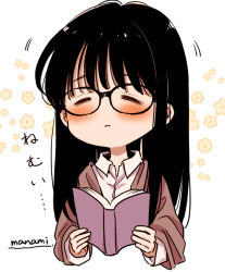 Rule 34 | 1girl, artist name, black-framed eyewear, black hair, blush, book, brown shawl, closed eyes, closed mouth, collared shirt, commentary request, cropped torso, facing viewer, floral background, glasses, himawari-san, himawari-san (character), holding, holding book, long hair, long sleeves, motion lines, open book, shawl, shirt, signature, solo, sugano manami, translation request, upper body, white background, white shirt