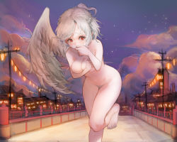 Rule 34 | 1girl, angel wings, architecture, bad id, bad pixiv id, blush, braid, breasts, bridge, cloud, collarbone, covering breasts, covering own mouth, covering privates, east asian architecture, exhibitionism, female pubic hair, hand over own mouth, heoningu, highres, kishin sagume, lantern, medium breasts, navel, night, night sky, nude, outdoors, pubic hair, public indecency, red eyes, single wing, sky, solo, star (symbol), tearing up, tears, touhou, white hair, wings