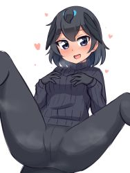 Rule 34 | 1girl, :d, absurdres, black eyes, black gloves, black hair, black pants, black sweater, blush, gloves, hands on own chest, head wings, heart, heavy breathing, highres, kemono friends, long sleeves, looking at viewer, open mouth, pants, ribbed sweater, shiraha maru, short hair, simple background, smile, solo, spread legs, steaming body, superb bird-of-paradise (kemono friends), sweater, tail, turtleneck, turtleneck sweater, white background, wings