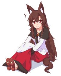 Rule 34 | 1girl, ?, animal ears, brooch, brown hair, dress, hugging own legs, imaizumi kagerou, jewelry, long hair, long sleeves, looking at viewer, off-shoulder dress, off shoulder, paw print, paw print shoes, paw print soles, red eyes, sandals, simple background, smile, solo, tail, touhou, white background, white dress, wolf ears, wolf tail, wool (miwol)