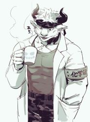 Rule 34 | 1boy, animal ears, armband, bara, camouflage, camouflage headwear, camouflage pants, chest hair, commentary request, covered abs, cow ears, cow horns, cowboy shot, cup, doctor, facial hair, furry, furry male, goatee, headband, highres, holding, holding cup, horns, kan (pyy c12), lab coat, large pectorals, male focus, minotaur, monochrome, muscular, muscular male, pants, pectorals, shennong (housamo), short hair, solo, steam, tokyo houkago summoners, tongue, tongue out, translated, white background